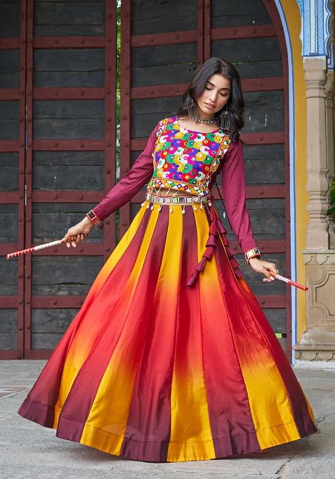 Maroon Embroidered Chinon Lehenga Set