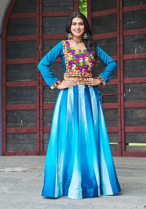 Sky Blue Embroidered Chinon Lehenga Set