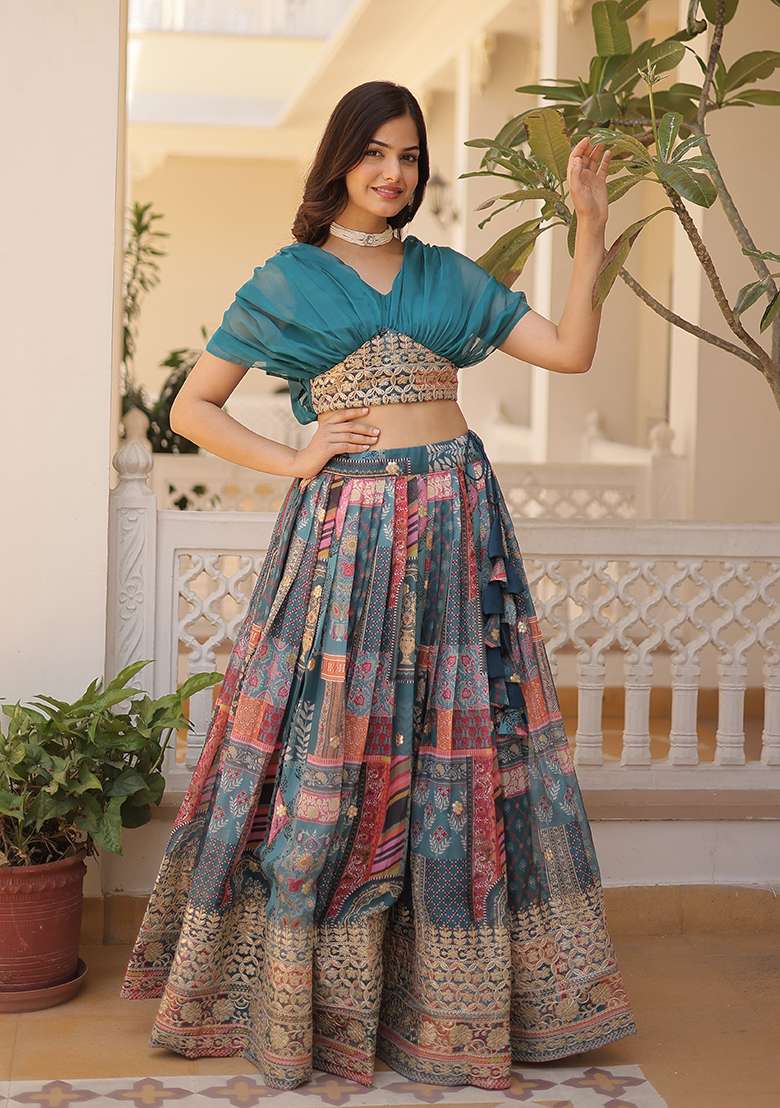 Rama Silk Blend Lehenga Set with Embroidered for Diwali | Wedding & Festive Wear - Indya