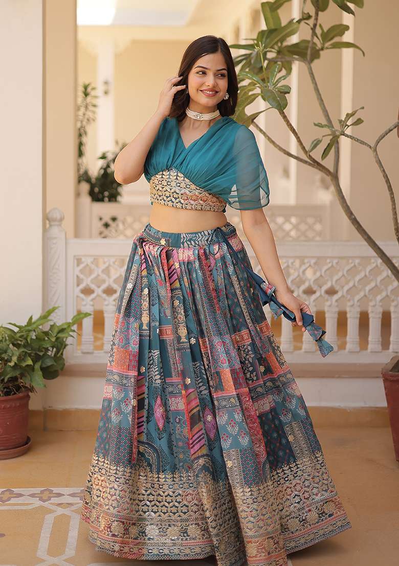 Rama Silk Blend Lehenga Set with Embroidered for Diwali | Wedding & Festive Wear - Indya