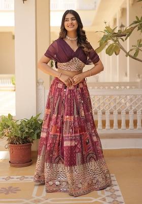 Wine Embroidered Silk Blend Lehenga Set