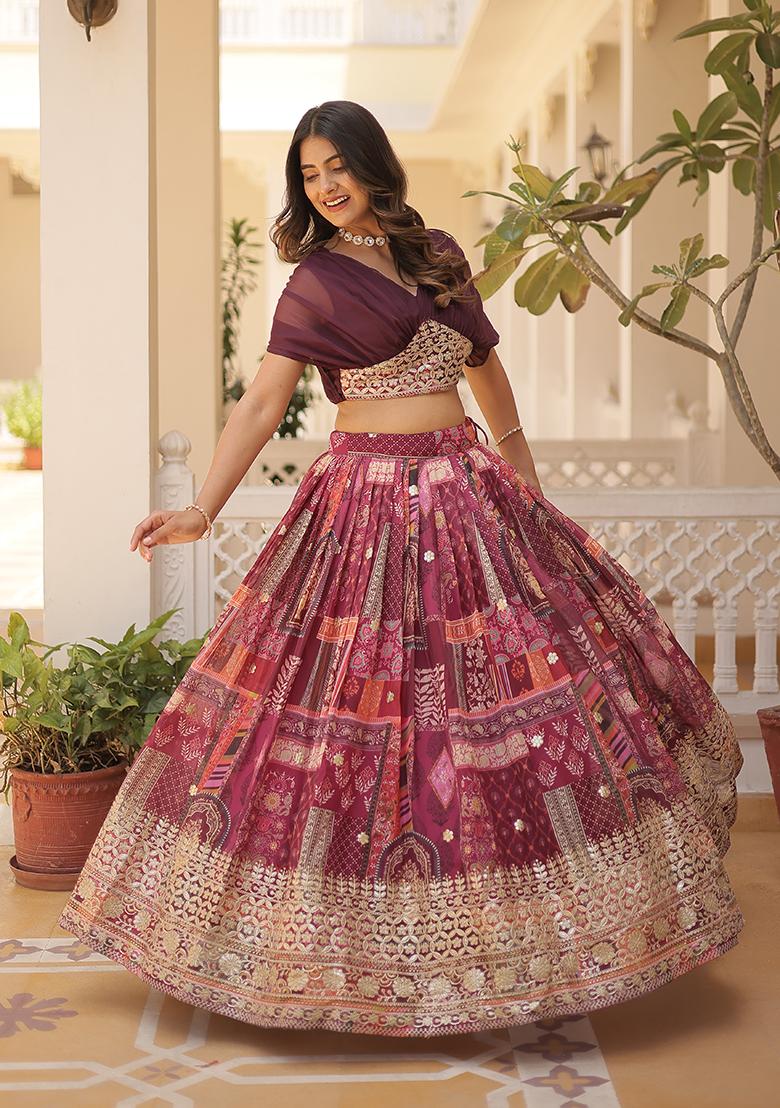 Wine Embroidered Silk Blend Lehenga Set - Indya