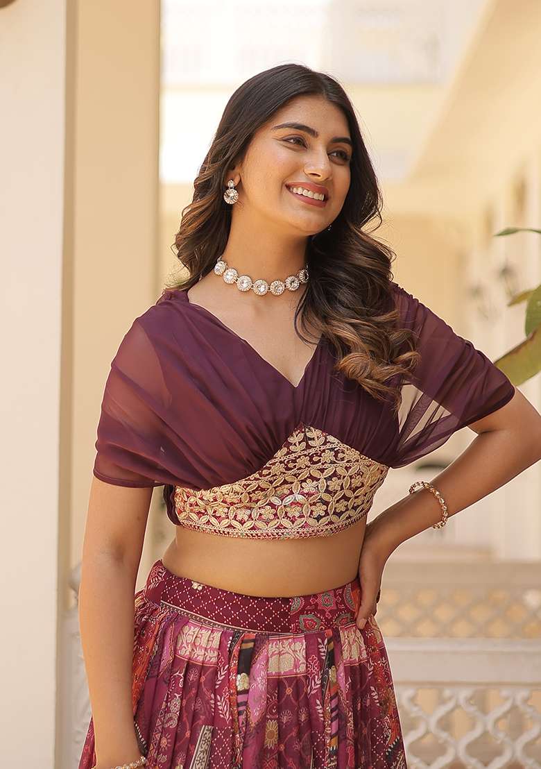 Wine Silk Blend Lehenga Set with Embroidered for Diwali | Wedding & Festive Wear - Indya