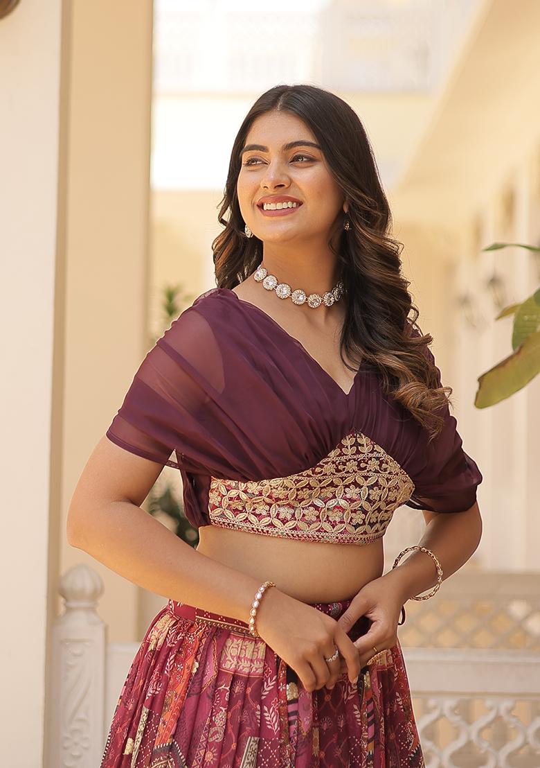 Wine Embroidered Silk Blend Lehenga Set - Indya