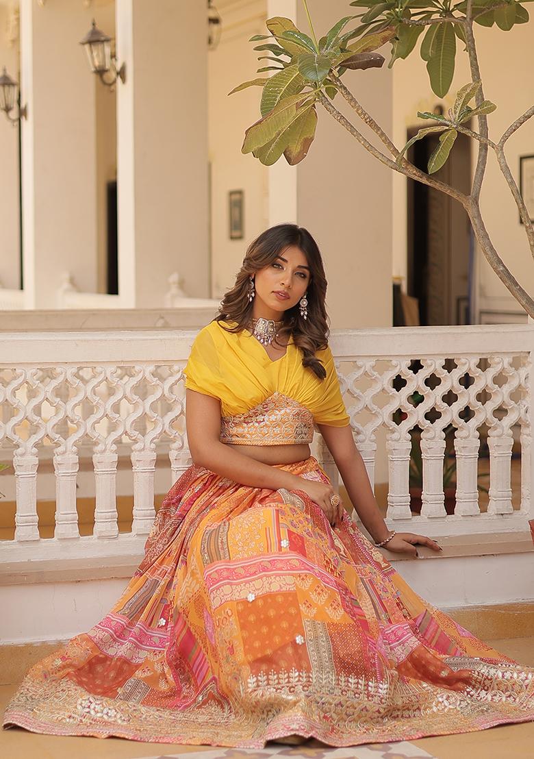 Yellow Embroidered Silk Blend Lehenga Set - Indya