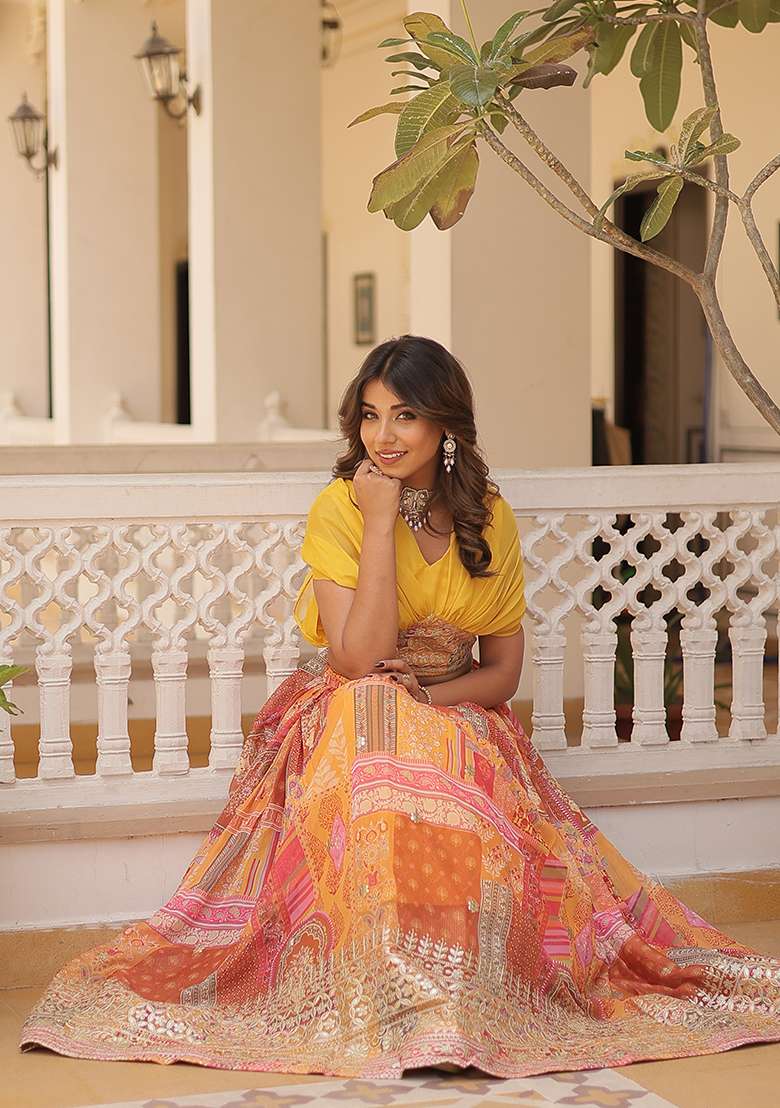 Yellow Silk Blend Lehenga Set with Embroidered for Diwali | Wedding & Festive Wear - Indya