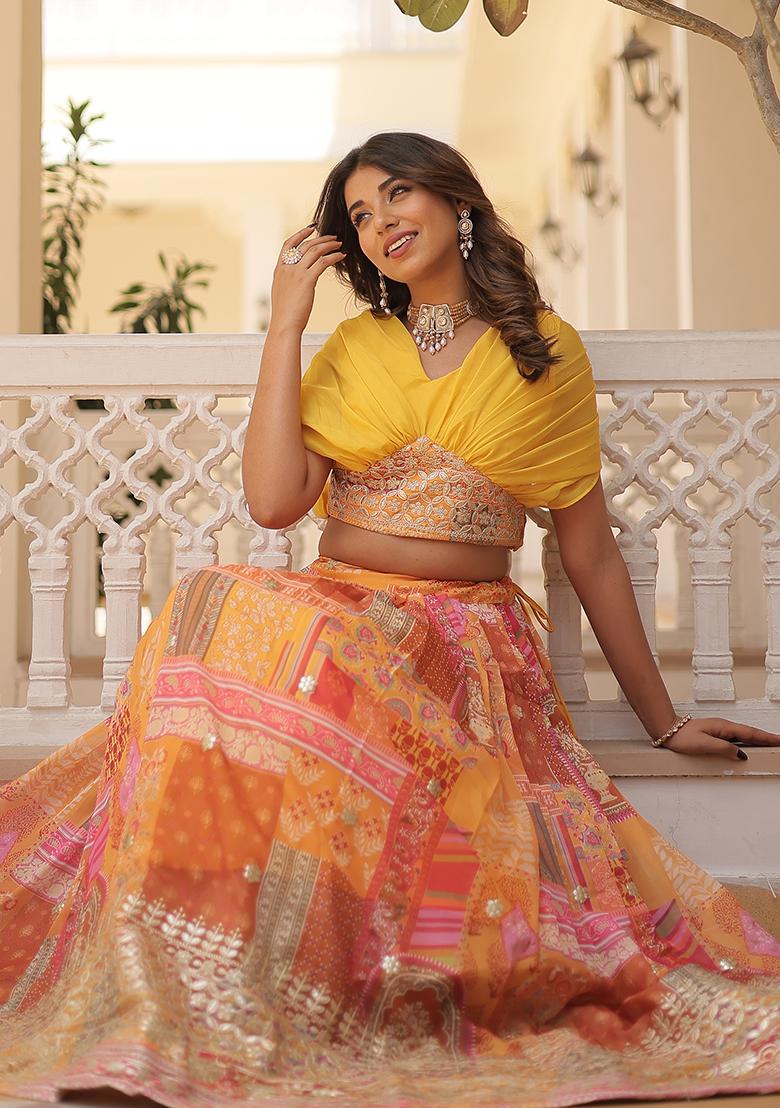Yellow Embroidered Silk Blend Lehenga Set - Indya