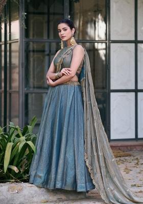 Teal Embroidered Fendi Lehenga Set