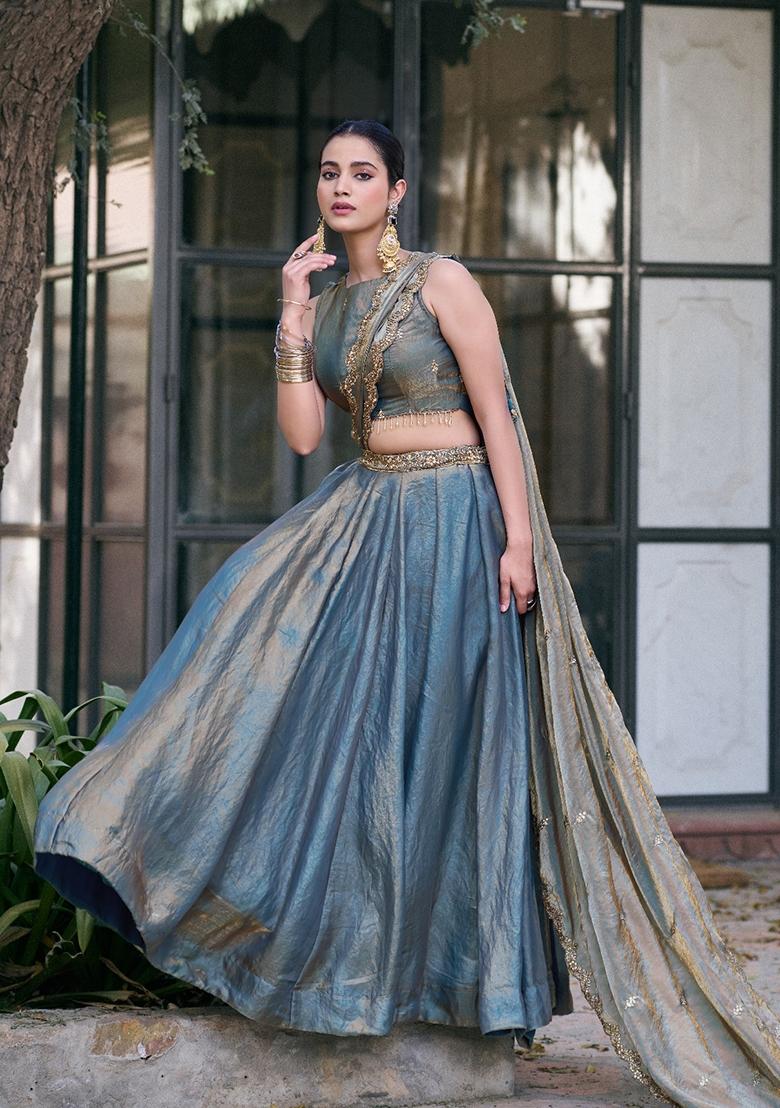 Teal Embroidered Fendi Lehenga Set - Indya