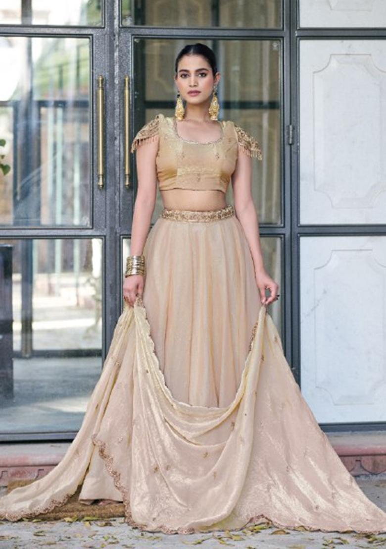 Cream Embroidered Fendi Lehenga Set - Indya