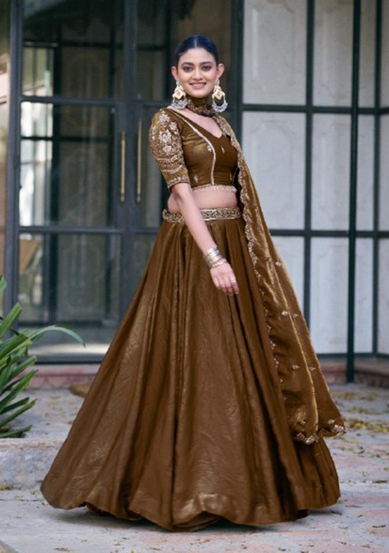 Brown Embroidered Fendi Lehenga Set - Indya
