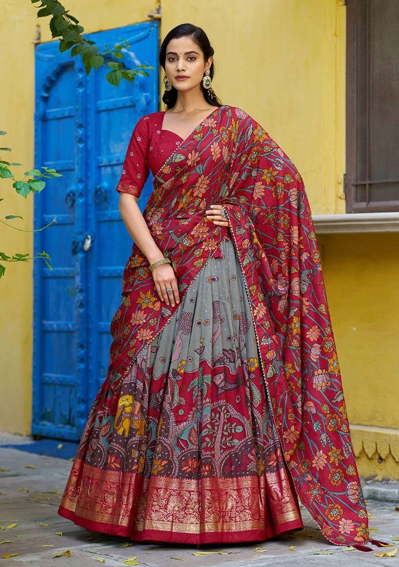 Sea Green Silk Blend Lehenga Set with Printed for Diwali | Wedding & Festive Wear - Indya