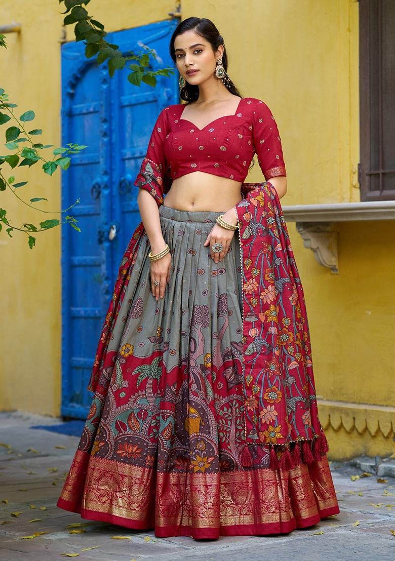 Sea Green Printed Silk Blend Lehenga Set - Indya