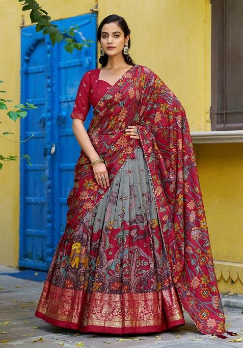 Sea Green Printed Silk Lehenga Set