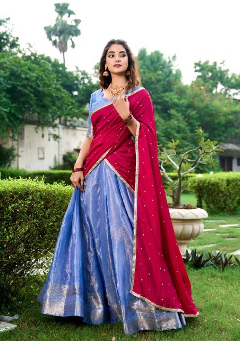 Blue Zari Work Kanchipuram Lehenga Set - Indya