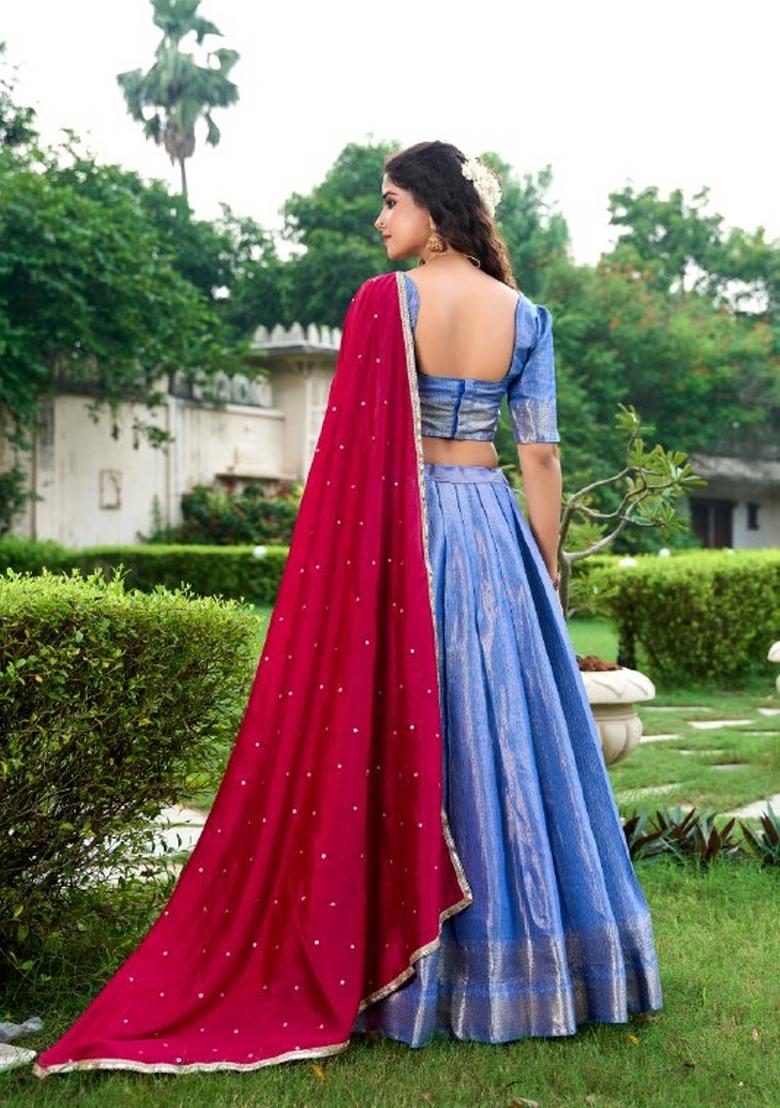 Blue Zari Work Kanchipuram Lehenga Set - Indya