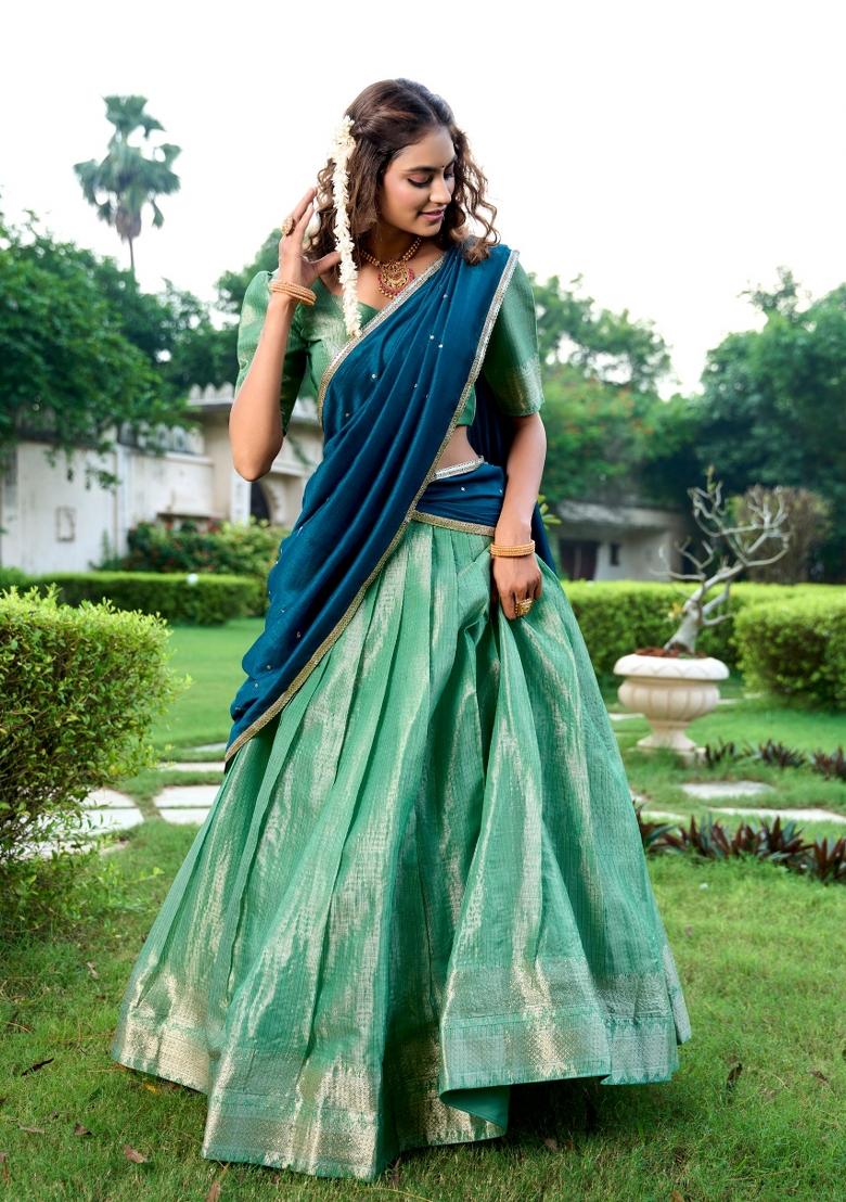 Pista Zari Work Kanchipuram Lehenga Set - Indya