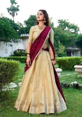 Cream Zari Work Kanchipuram Lehenga Set