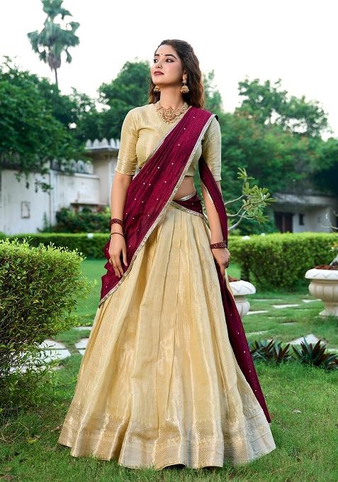 Cream Zari Work Kanchipuram Lehenga Set