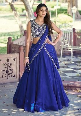 Blue Embroidered Kashmiri Lehenga Set
