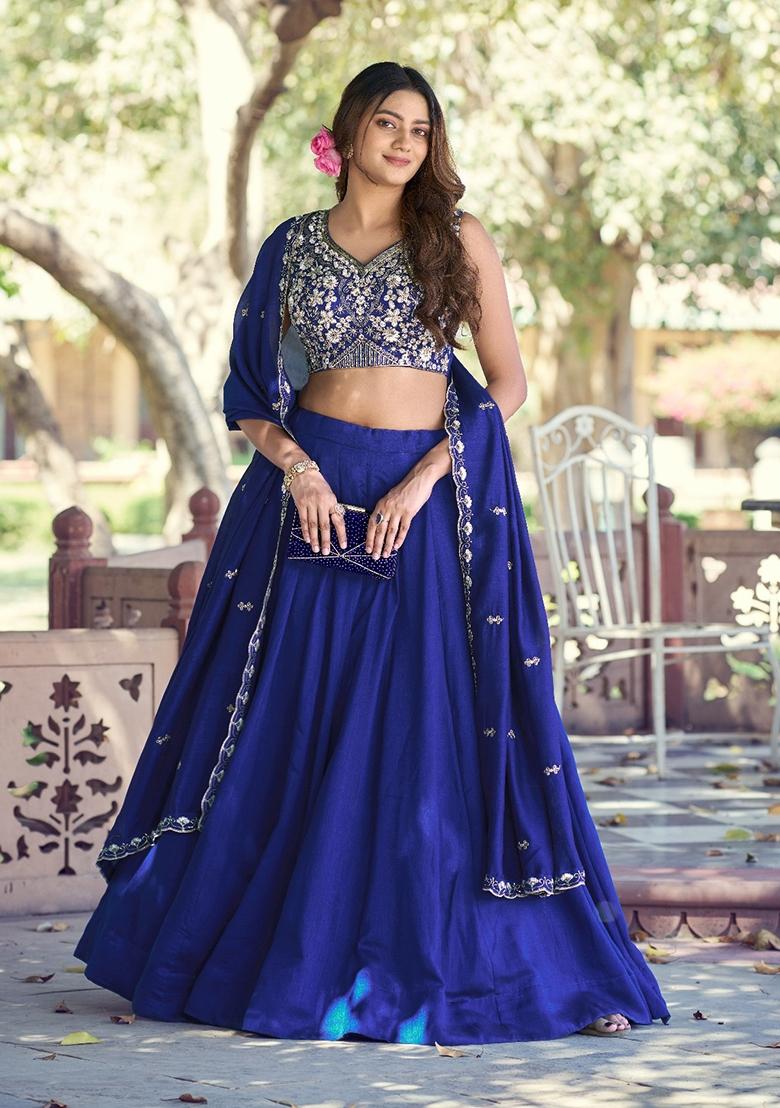 Blue Embroidered Kashmiri Lehenga Set - Indya