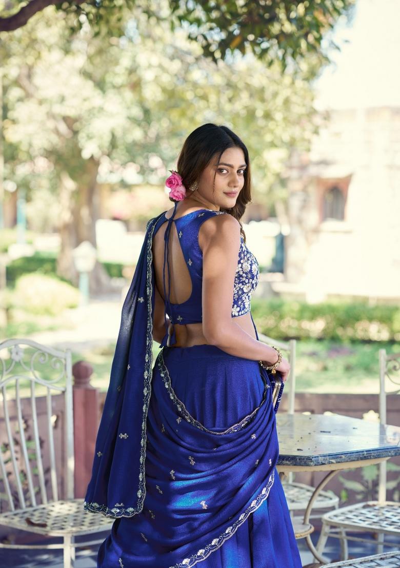 Blue Embroidered Kashmiri Lehenga Set - Indya