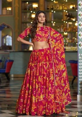 Pink Floral Print Marble Lehenga Set