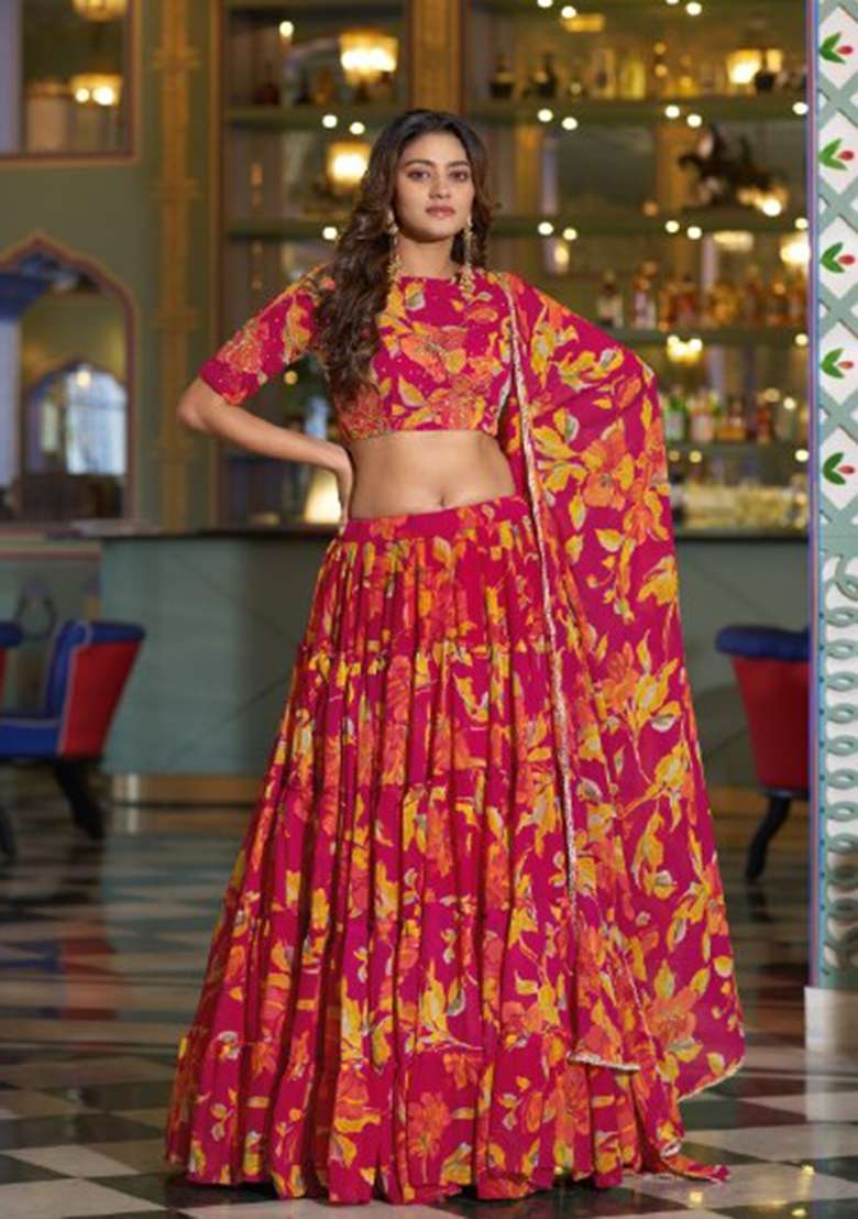 Pink Floral Print Marble Lehenga Set for Diwali and Festive Wear - Indya