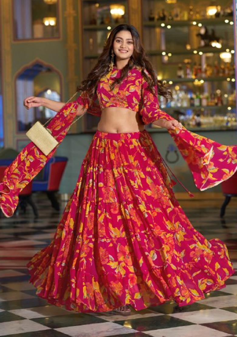Pink Floral Print Marble Lehenga Set - Indya