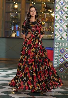 Black Floral Print Marble Lehenga Set