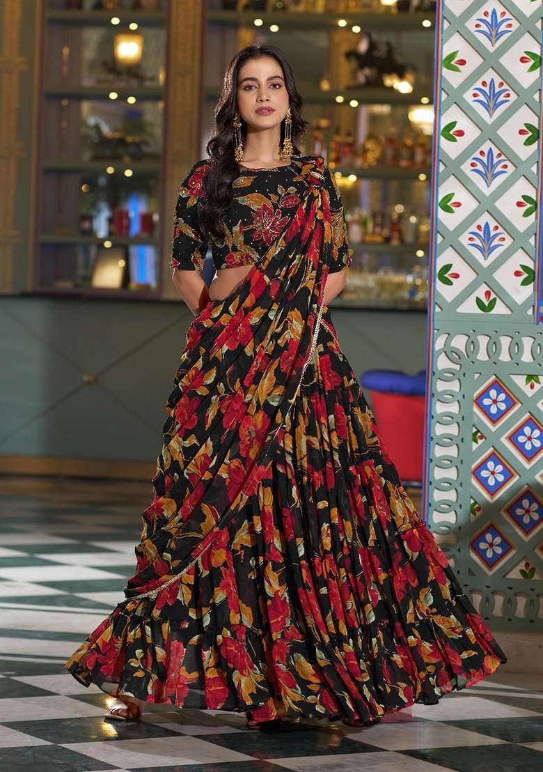 Black Floral Print Marble Lehenga Set for Diwali and Festive Wear - Indya