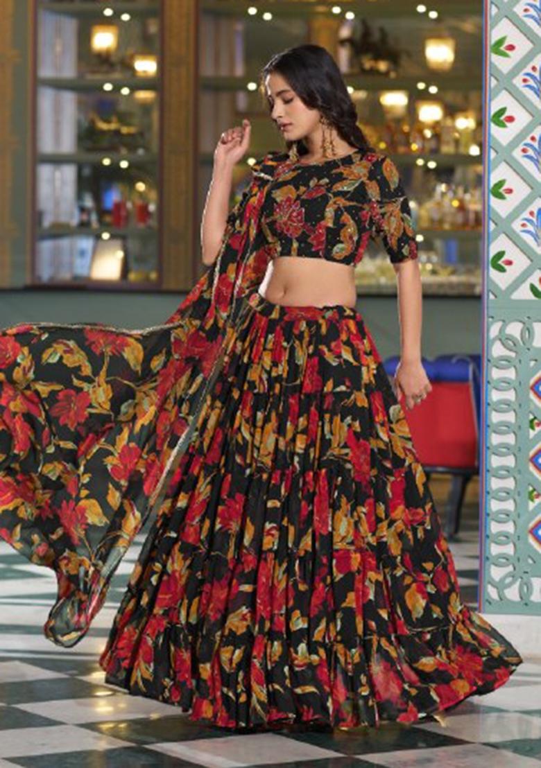 Black Floral Print Marble Lehenga Set - Indya