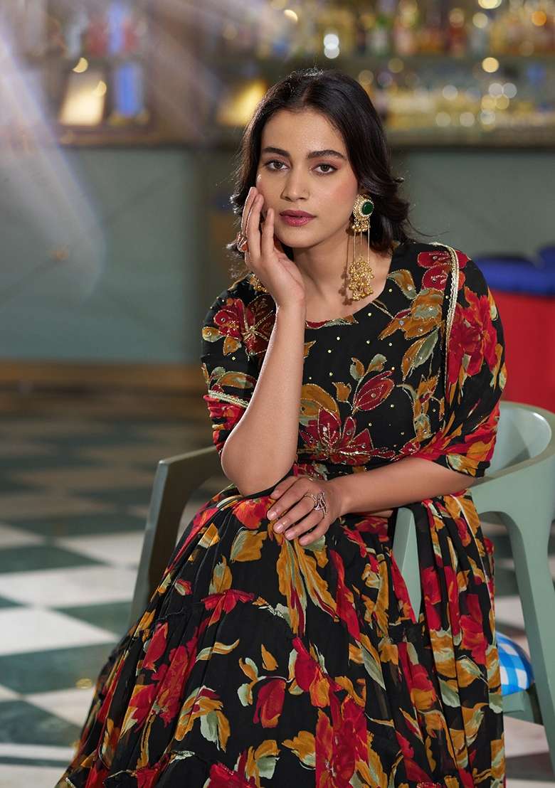 Black Floral Print Marble Lehenga Set for Diwali and Festive Wear - Indya