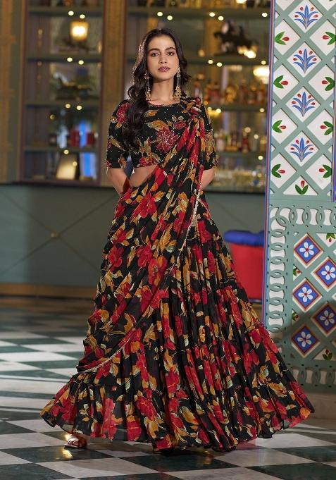 Black Floral Print Marble Lehenga Set