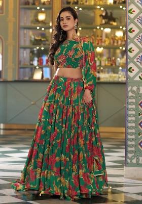 Green Floral Print Marble Lehenga Set
