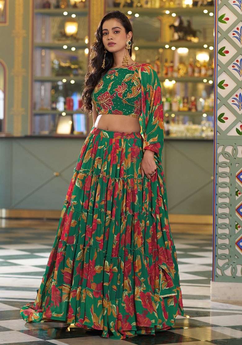 Green Marble Lehenga Set with Floral Print for Diwali | Wedding & Festive Wear - Indya