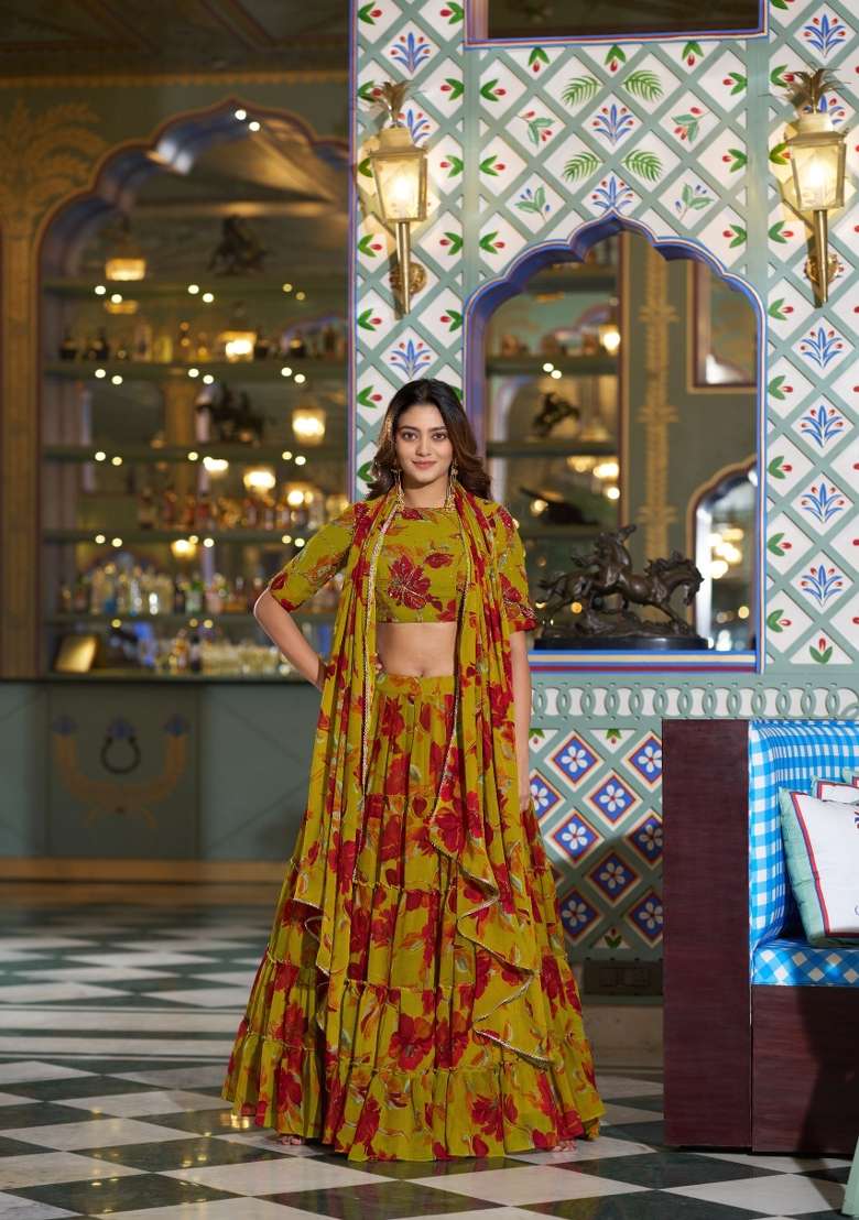 Yellow Floral Print Marble Lehenga Set for Diwali and Festive Wear - Indya