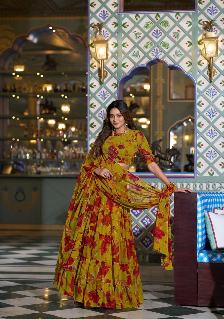 Yellow Floral Print Marble Lehenga Set - Indya