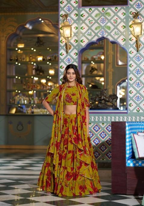 Yellow Floral Print Marble Lehenga Set