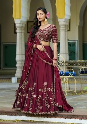 Maroon Embroidered Silk Blend Lehenga Set