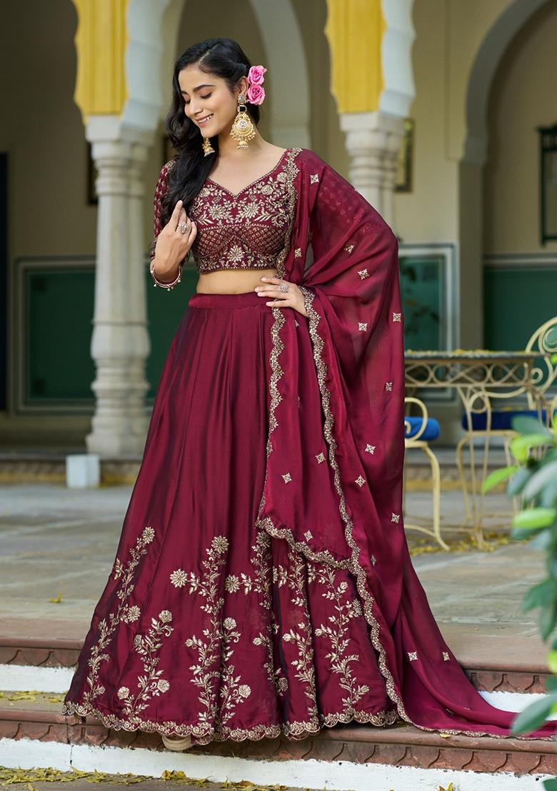 Maroon Embroidered Silk Blend Lehenga Set - Indya
