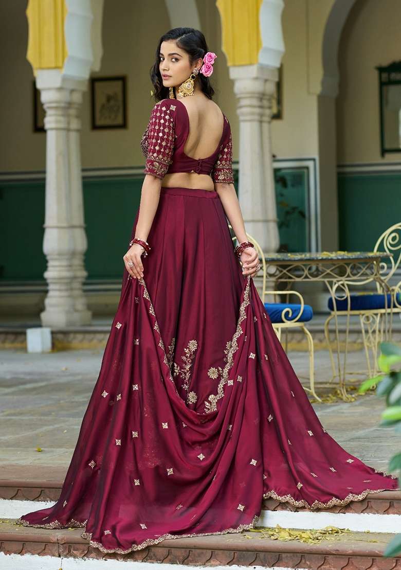 Maroon Silk Blend Lehenga Set with Embroidered for Diwali | Wedding & Festive Wear - Indya