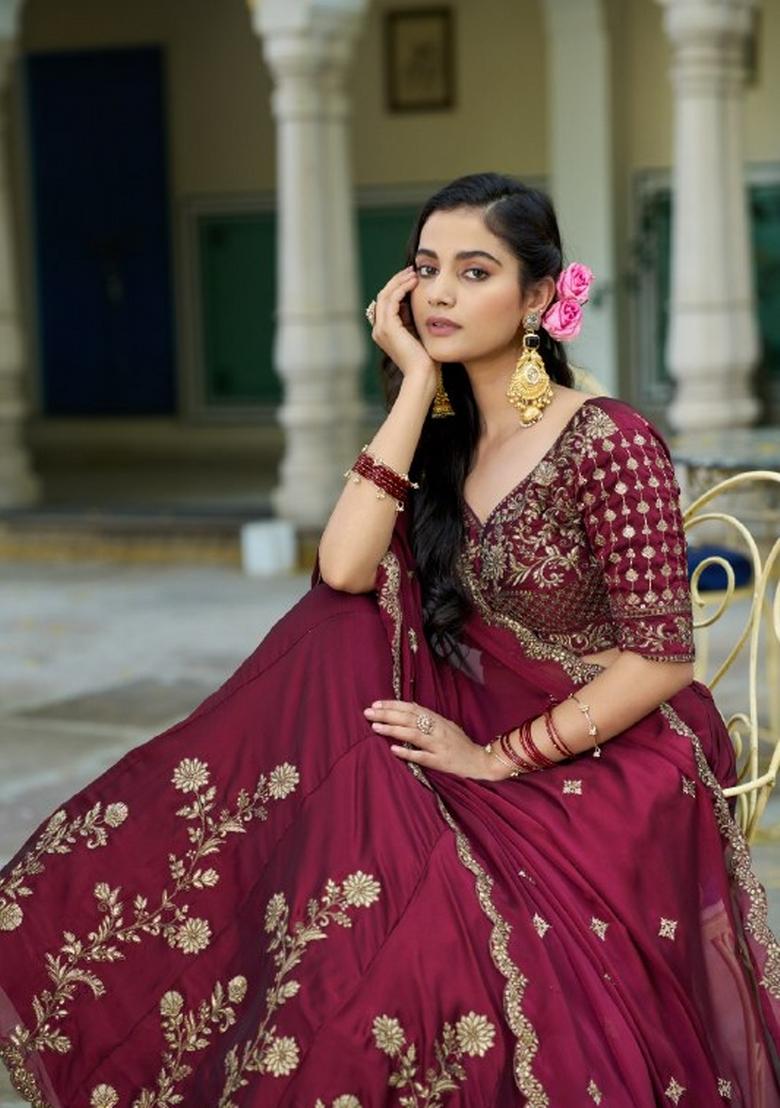 Maroon Embroidered Silk Blend Lehenga Set - Indya