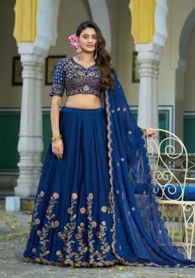 Blue Embroidered Silk Blend Lehenga Set