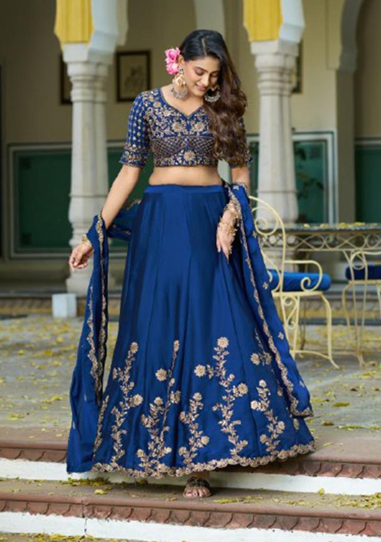 Blue Embroidered Silk Blend Lehenga Set - Indya