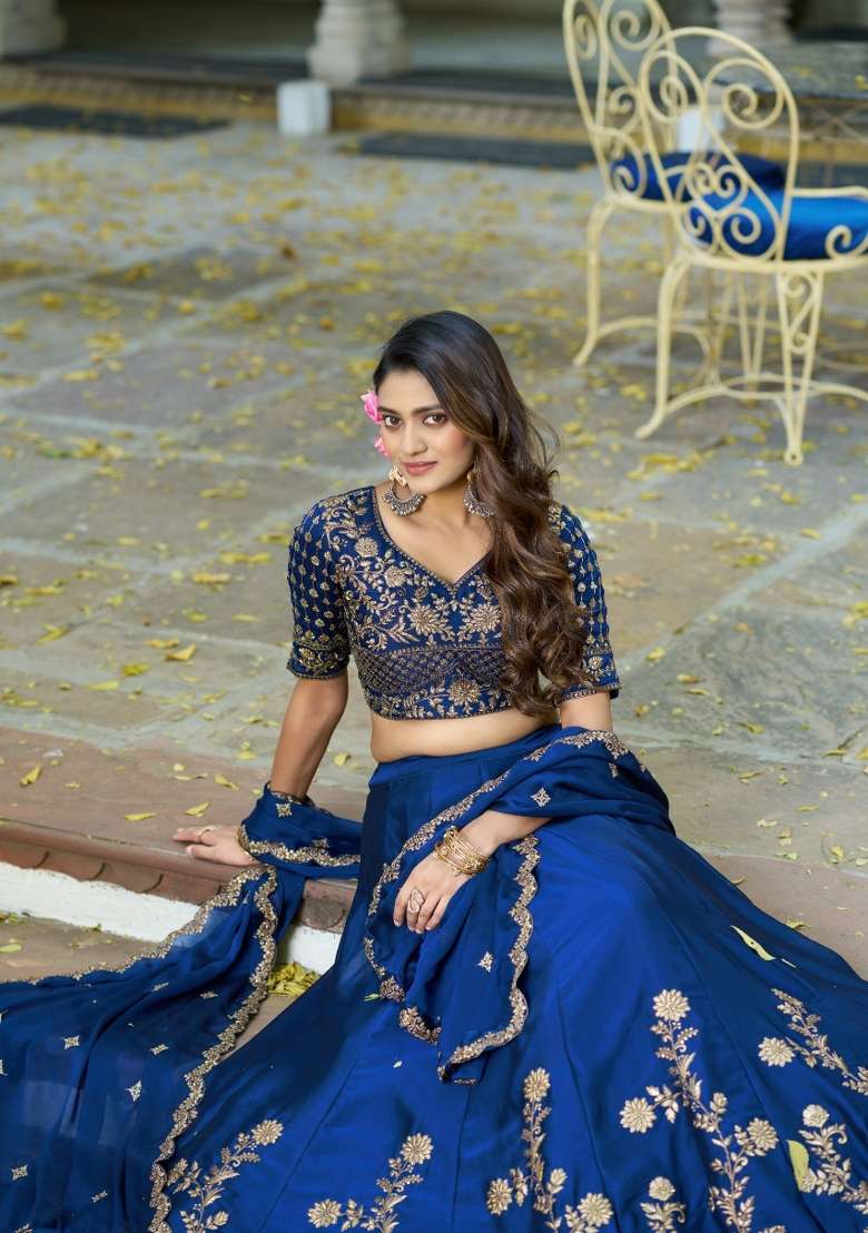 Blue Silk Blend Lehenga Set with Embroidered for Diwali | Wedding & Festive Wear - Indya