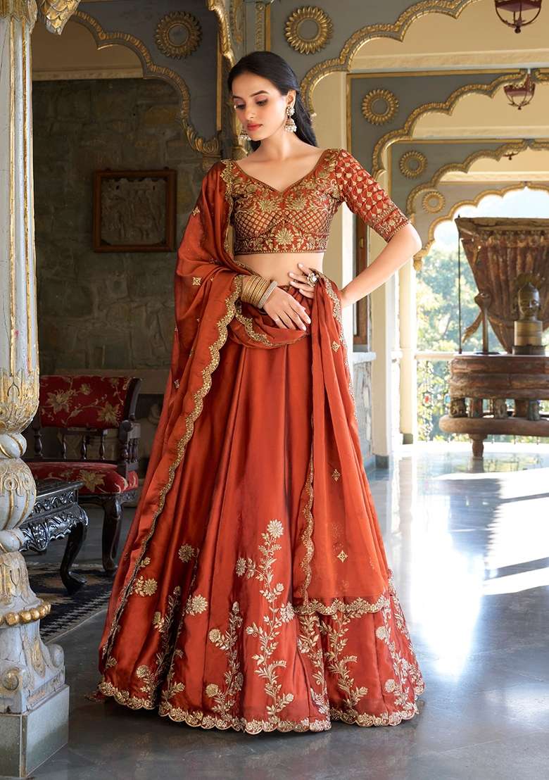 Orange Embroidered Silk Blend Lehenga Set for Diwali and Festive Wear - Indya