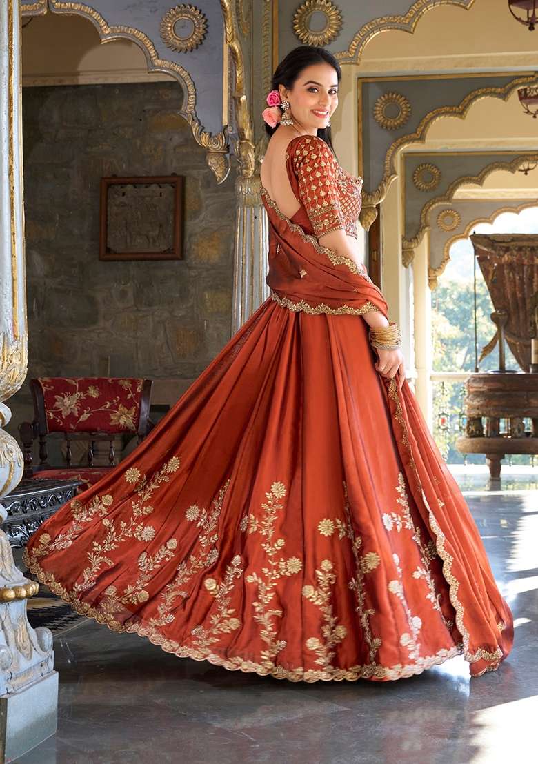 Orange Embroidered Silk Blend Lehenga Set for Diwali and Festive Wear - Indya