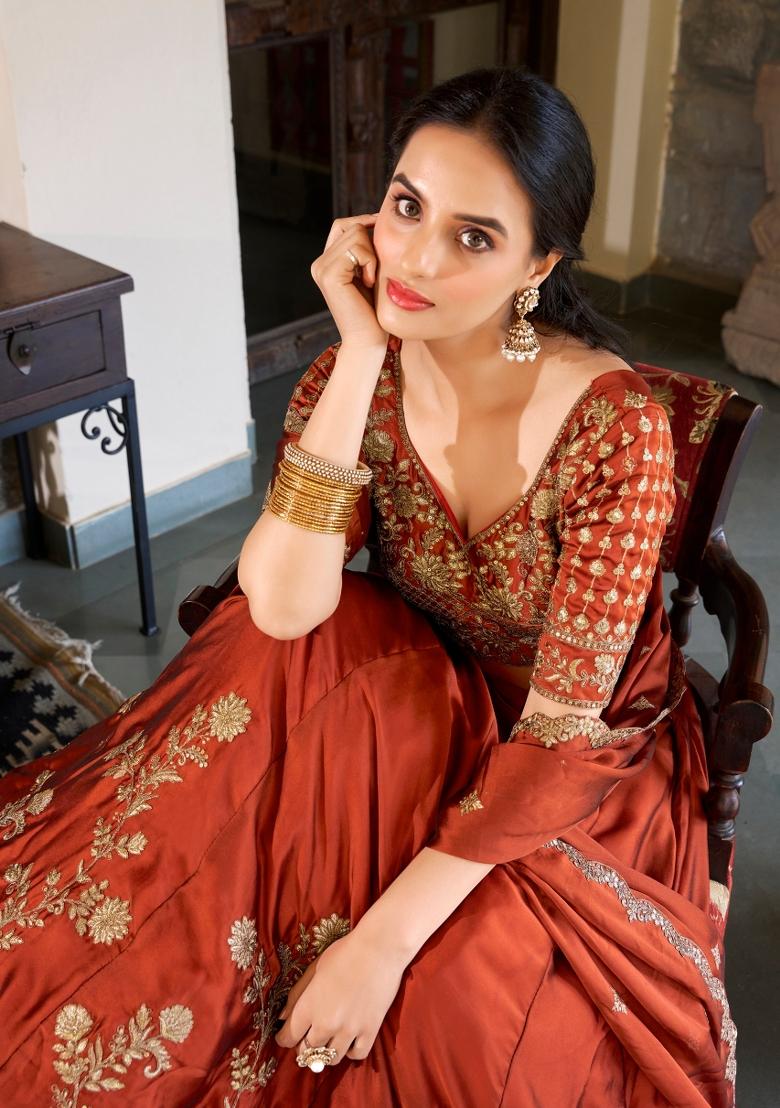 Orange Embroidered Silk Blend Lehenga Set - Indya