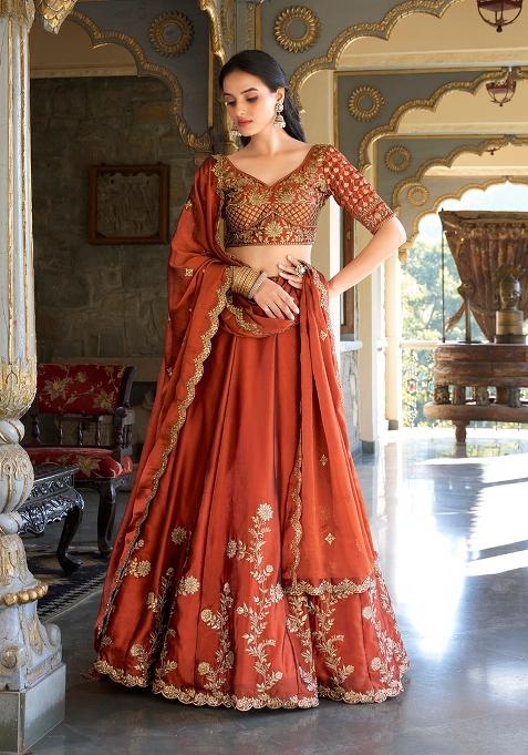 Orange Embroidered Silk Blend Lehenga Set